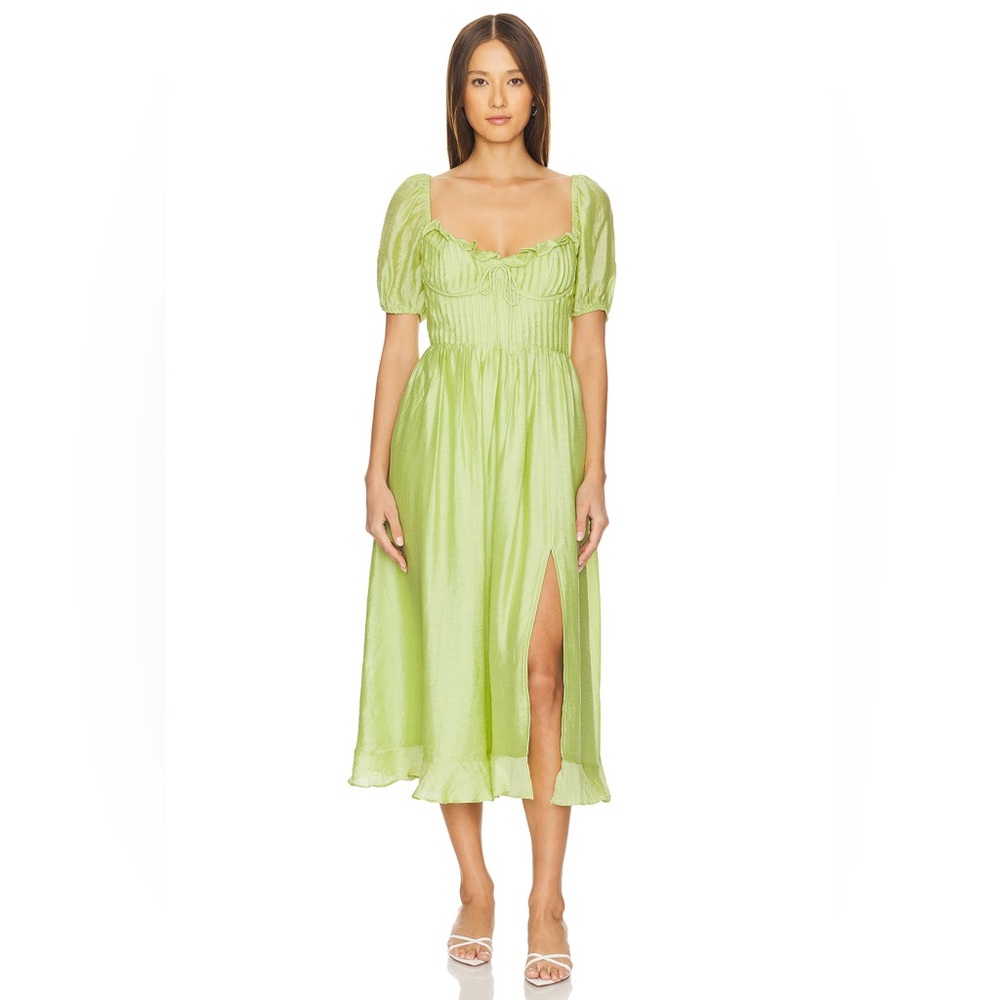 Astr Green Puff Sleeve Midi Dress with Front Slit